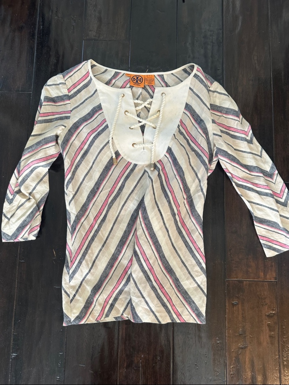 Tory Burch Cream Striped Lace-Up Scoop Neck Tunic with Pink & Gray 6